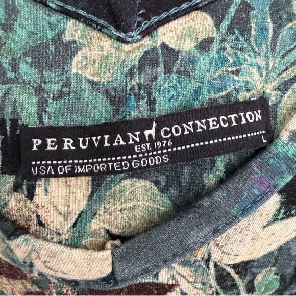 PERUVIAN CONNECTION Long Sleeve V-neck Green Botanical Midi Dress - Picture 3 of 7